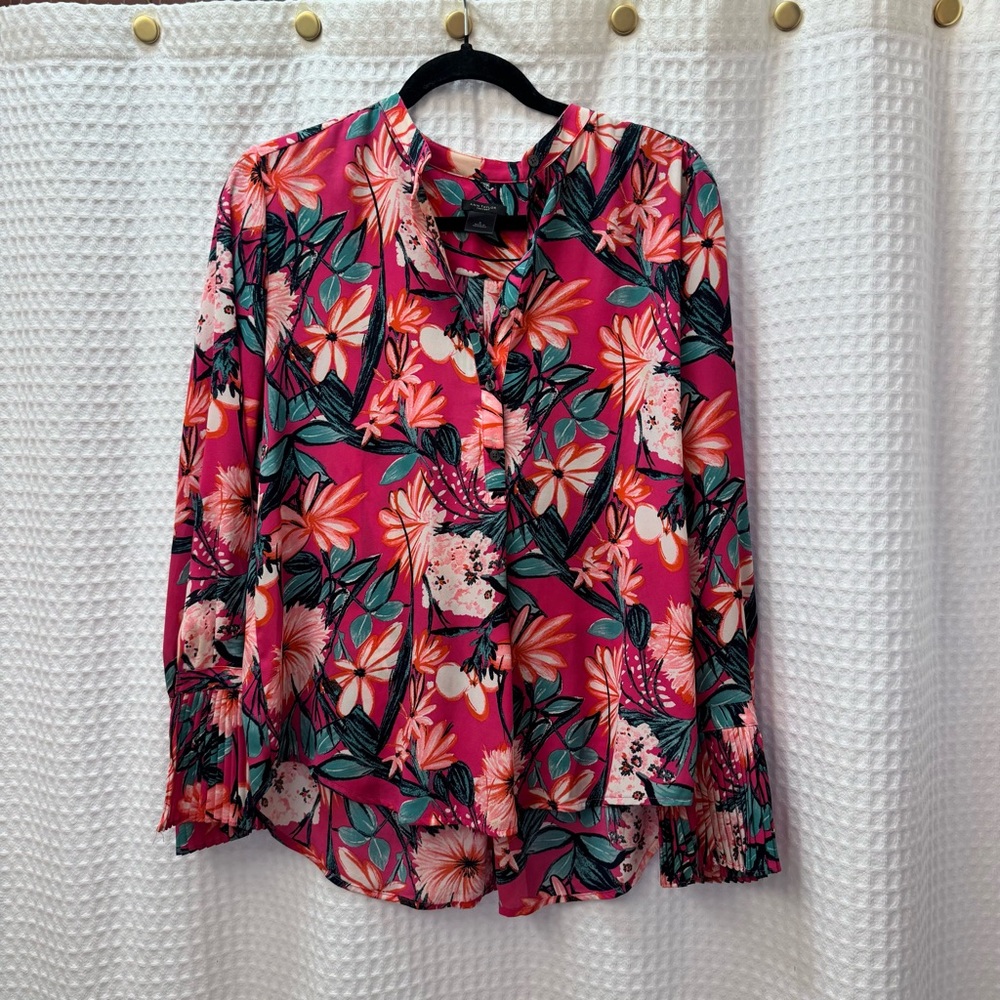 Ann Taylor Pink Floral Blouse Small Pleated Sleeve Mandarin Collar Top